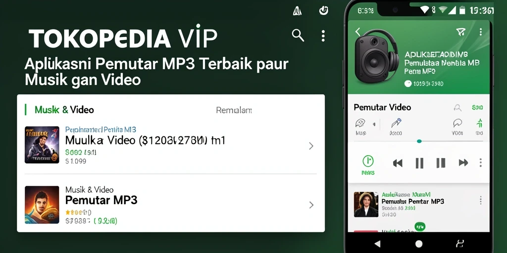 Antarmuka aplikasi TOKOPEDIAVIP yang modern dan menarik untuk Pemutar MP3.